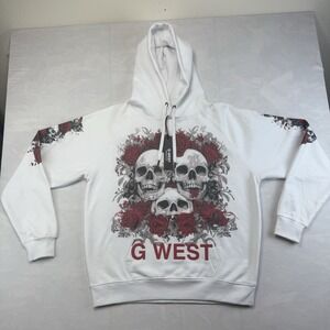 G West Skull Rose Hoodie Mens L White Graphic Pullover Streetwear